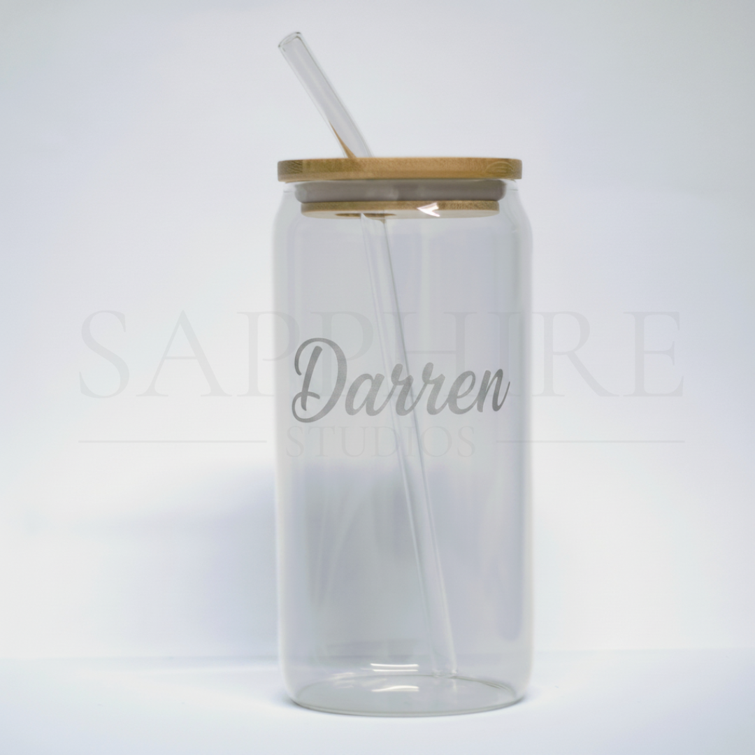 Bamboo Lid and Straw Can Glass with Engraving